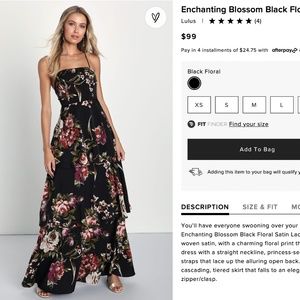 Lulu's Enchanting Blossom Black Floral Satin Lace-Up Tiered Maxi Dress